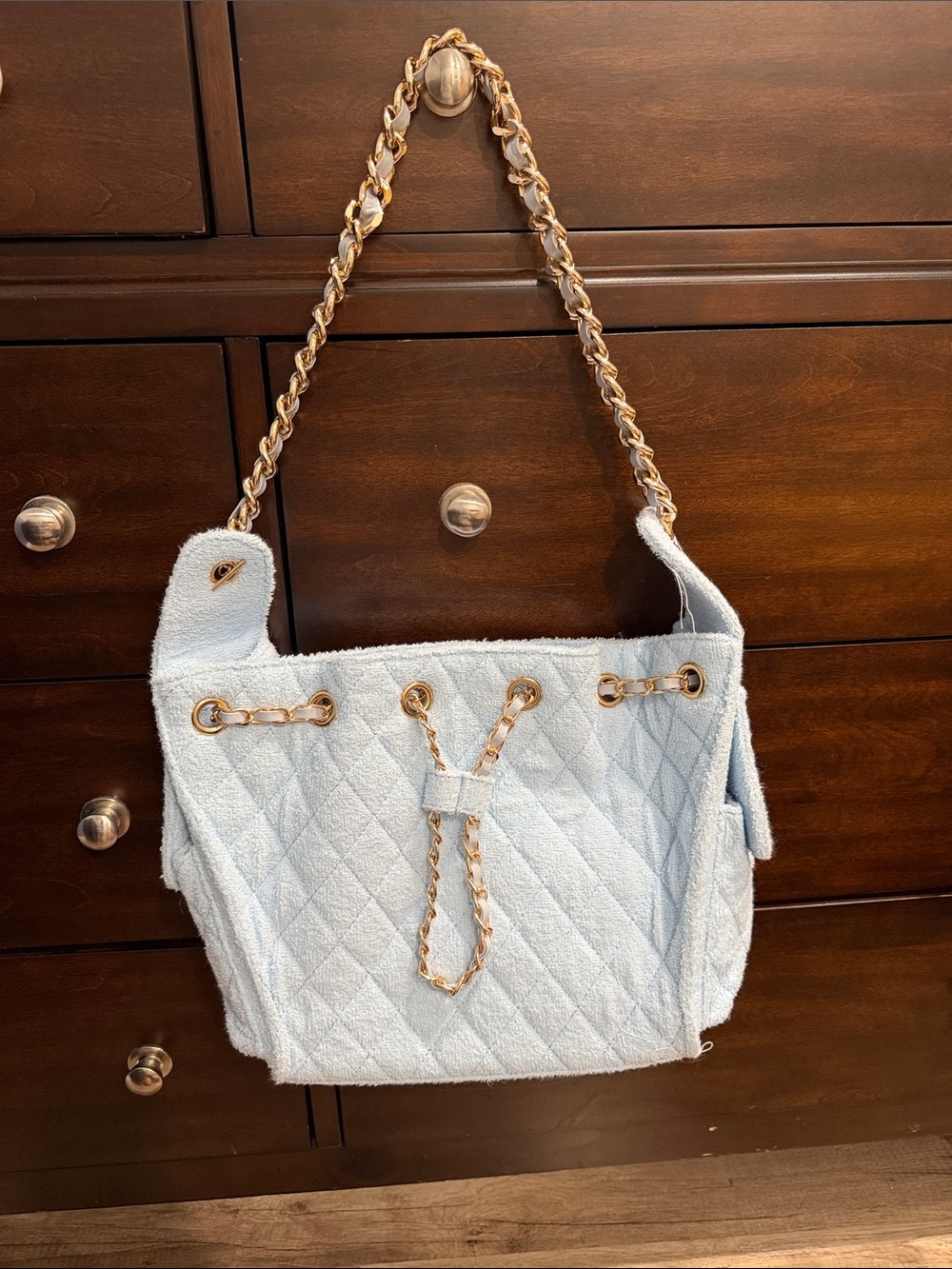 Quilted Light Blue Shoulder Bag with Gold Chain Handle